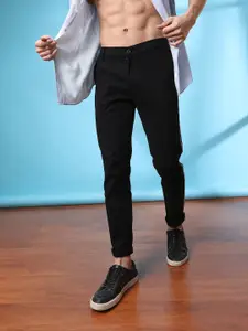 The Indian Garage Co Men Black Slim Fit Solid Chinos With Side Taping