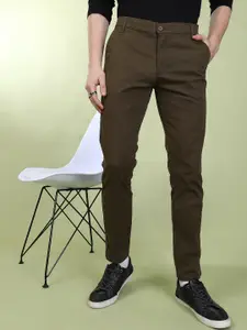 The Indian Garage Co Men Olive Green Slim Fit Solid Chinos With Side Taping