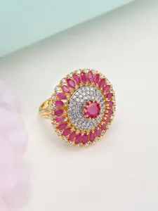 Rubans Women Pink & Gold-Toned Stone Studded Statement Adjustable Ring