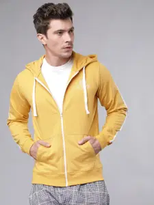 LOCOMOTIVE Men Mustard Yellow & White Solid Hooded Sweatshirt