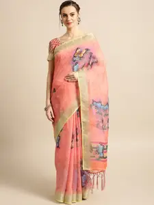 Saree mall Peach-Coloured & Blue Printed Saree