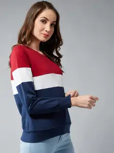 DOLCE CRUDO Women Navy Blue & Red Colourblocked Sweatshirt