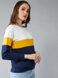 DOLCE CRUDO Women Navy Blue & Yellow Colourblocked Sweatshirt