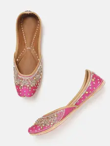 Anouk Women Pink & Gold-Toned Embroidered & Embellished Mojaris