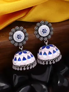 Peora Oxidised Silver-Plated & Pink Meenakari Dome Shaped Jhumkas
