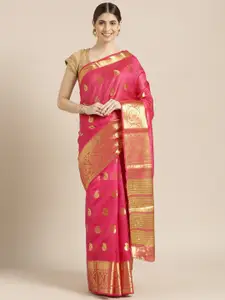 Blissta Pink & Golden Silk Cotton Woven Design Kanjeevaram Saree