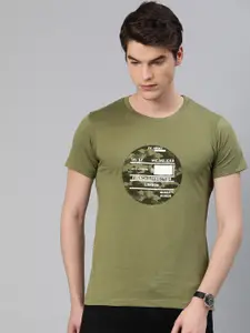 French Connection Men Olive Green Slim Fit Printed Round Neck Pure Cotton T-shirt