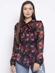 Oxolloxo Women Black & Red Floral Printed Top