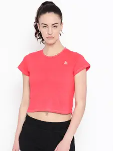 Aesthetic Bodies Women Pink Solid Round Neck Cropped Styled Back T-shirt
