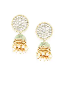 Kord Store Silver-Toned & Green Dome Shaped Jhumkas