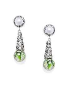 Kord Store Silver-Toned & Green Contemporary Drop Earrings