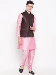 MAG Men Pink & Brown Solid Kurta with Churidar & Nehru Jacket