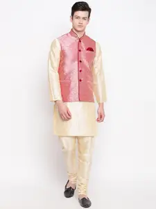 MAG Men Cream-Coloured & Pink Solid Kurta with Churidar & Nehru Jacket