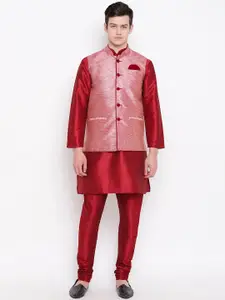 MAG Men Maroon & Pink Solid Kurta with Churidar & Nehru Jacket