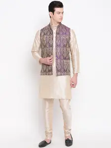 MAG Men Beige & Blue Solid Kurta with Churidar & Nehru Jacket