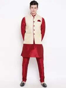 MAG Men Red & Beige Solid Kurta with Churidar & Nehru Jacket