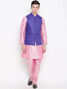 MAG Men Pink & Blue Solid Kurta with Churidar & Nehru Jacket