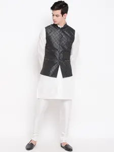 MAG Men White & Black Solid Kurta with Churidar & Nehru Jacket