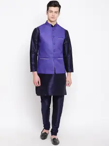 MAG Men Blue Solid Kurta with Churidar & Jute Nehru Jacket