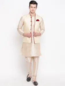 MAG Men Beige & Cream-Coloured Solid Kurta with Churidar & Nehru Jacket