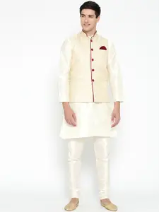 MAG Men White & Cream-Coloured Solid Kurta with Churidar & Nehru Jacket