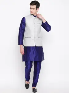 MAG Men Blue Solid Kurta with Churidar & Nehru Jacket