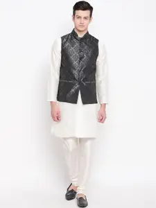 MAG Men Off-White & Black Solid Kurta with Churidar & Nehru Jacket