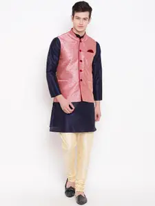 MAG Men Navy Blue & Cream-Coloured Solid Kurta with Churidar & Nehru Jacket