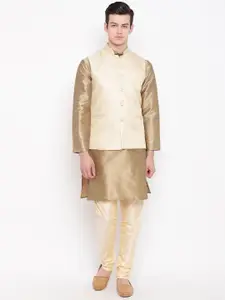 MAG Men Beige & Cream-Coloured Solid Kurta with Churidar & Nehru Jacket