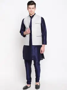 MAG Men Navy Blue Solid Kurta with Churidar & Nehru Jacket
