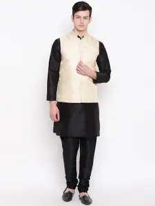 MAG Men Black Solid Kurta with Churidar & Nehru Jacket