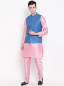 MAG Men Pink Solid Kurta with Churidar & Nehru Jacket