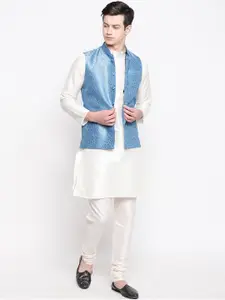 MAG Men Off-White Solid Kurta with Churidar & Nehru Jacket