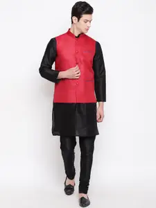 MAG Men Black Solid Kurta with Churidar & Nehru Jacket