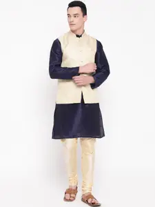 MAG Men Navy Blue & Cream-Coloured Solid Kurta with Churidar & Nehru Jacket