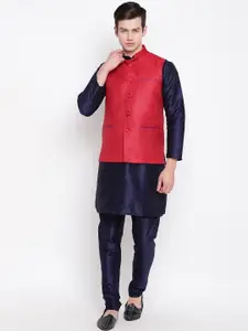 MAG Men Navy Blue Solid Kurta with Churidar & Nehru Jacket