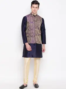 MAG Men Navy Blue & Golden Solid Kurta with Churidar & Nehru Jacket