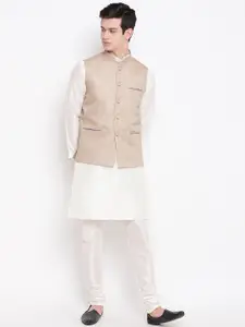 MAG Men Off-White & Beige Self Design Kurta with Churidar & Jute Nehru Jacket