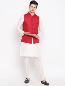 MAG Men Off-White & Red Self Design Kurta with Churidar & Jute Nehru Jacket