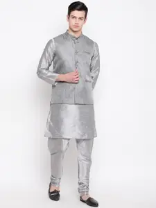 MAG Men Silver Self Design Kurta with Churidar & Jute Nehru Jacket