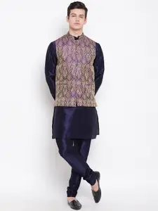 MAG Men Navy Blue & Purple Solid Kurta with Churidar & Nehru Jacket