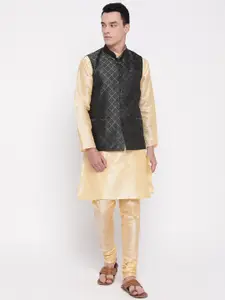 MAG Men Cream-Coloured Solid Kurta with Churidar & Nehru Jacket