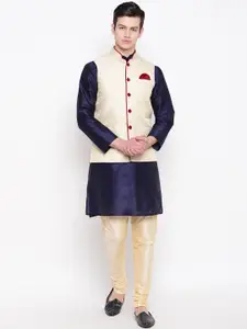 MAG Men Navy Blue & Cream-Coloured Solid Kurta with Churidar & Nehru Jacket