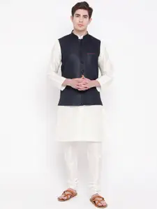 MAG Men White & Navy Blue Solid Kurta with Churidar & Nehru Jacket
