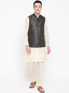 MAG Men Cream-Coloured & Charcoal Grey Solid Kurta with Churidar & Nehru Jacket