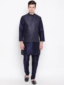 MAG Men Navy Blue Solid Kurta with Churidar & Jute Nehru Jacket