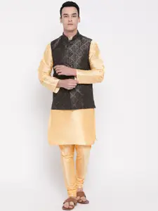MAG Men Cream-Coloured & Charcoal Grey Solid Kurta with Churidar & Nehru Jacket