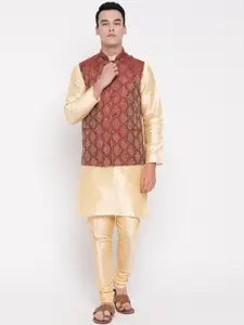 MAG Men Cream-Coloured Solid Kurta with Churidar & Nehru Jacket