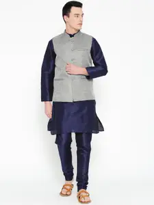 MAG Men Navy Blue Solid Kurta with Churidar with Nehru Jacket