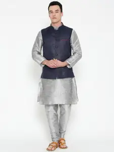 MAG Men Grey & Navy Blue Solid Kurta with Churidar with Nehru Jacket